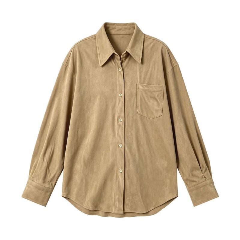 LUXI Vintage Faux Suede Shirt Women Loose Long Sleeve Blouse Workwear Layering