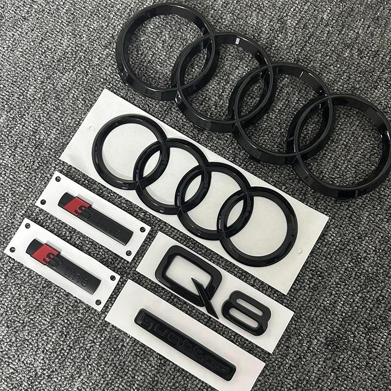 AUDI Q8 4-Ring logo ABS Black Car Hood Front Grill Emblem Rear Trunk Badge Q8 Sticker Quarrto Sline Emblem For Q8 2018-2024