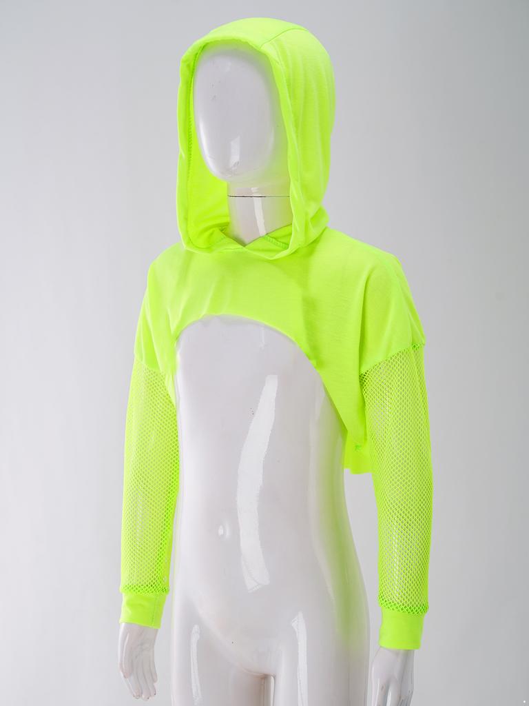 Kids Girls Long Sleeve Fishnet Cropped Hoodie Sheer Mesh Pullover Hooded Cover Up Dance Crop Top