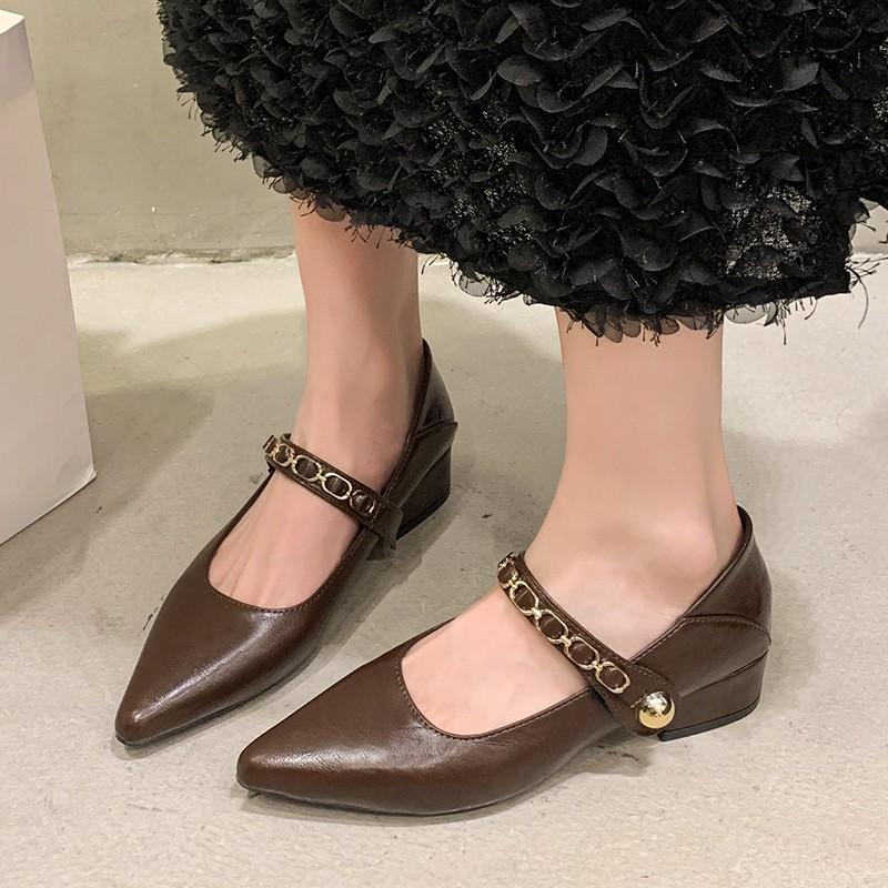 Fashion Autumn New Coarse Heel Shoes Women's Fashion Pointed Head Shallow Mouth Metal Line with Low Top Shoes