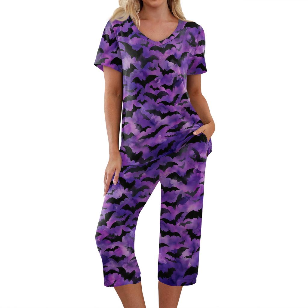 Women's Halloween Two Piece Outfit - Short Sleeve Top and Pants Set with Fun Print, Casual Wear for Halloween Party and Everyday