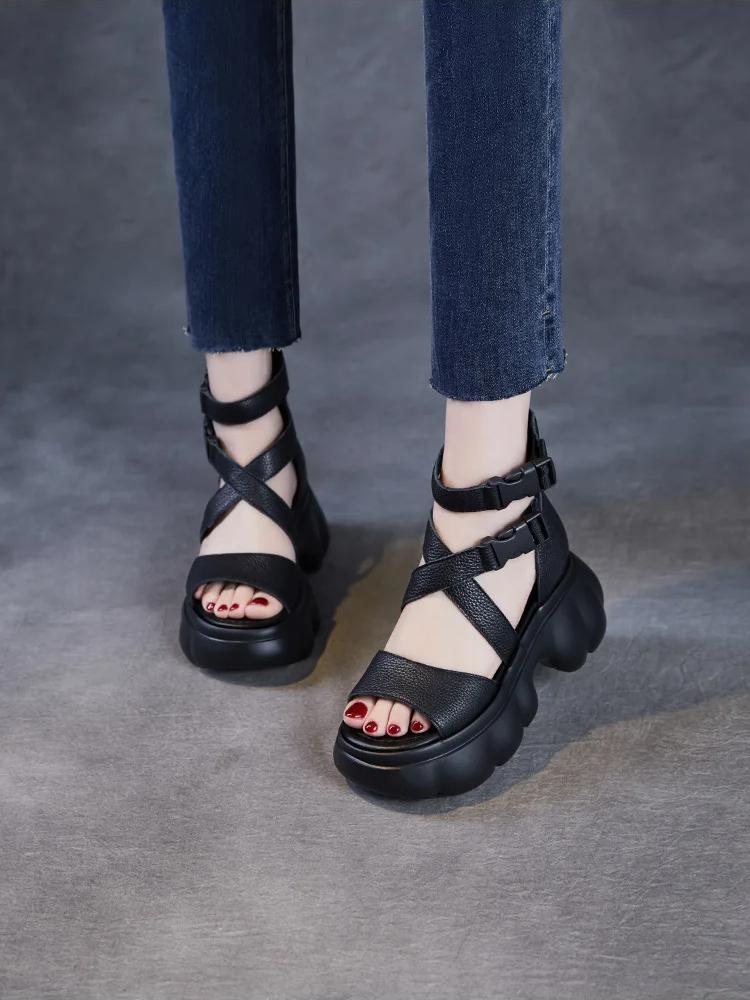 Johnature Roman Peep Toe Thick Soled High Heel Sandals Genuine Leather Buckle Women's Platform Shoes