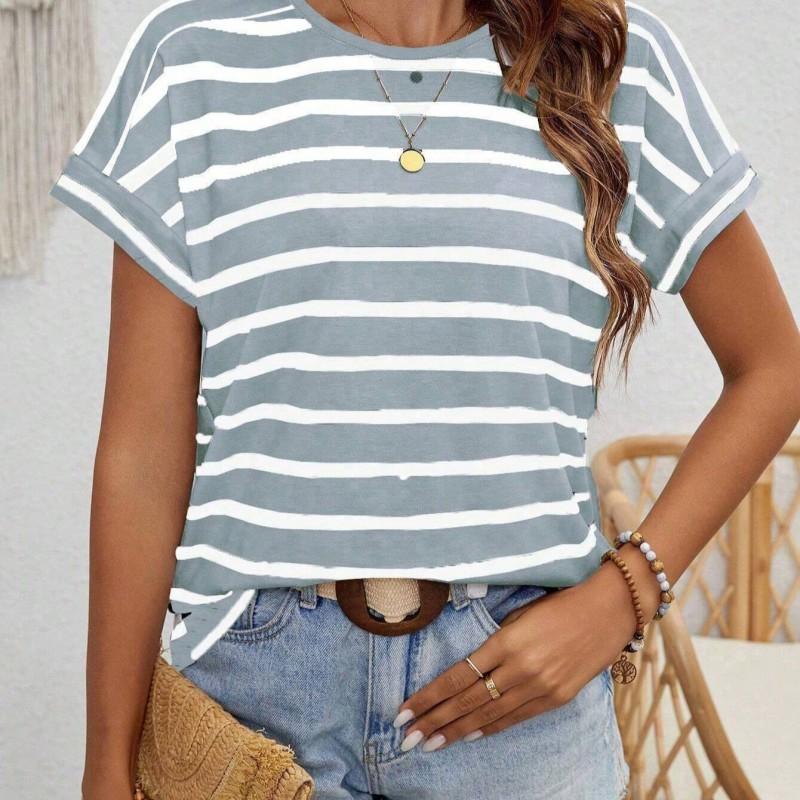 Womens Casual Short Sleeve Round Neck T-Shirt With Striped Print Loose Fit Milk Silk Blend Comfortable 2025