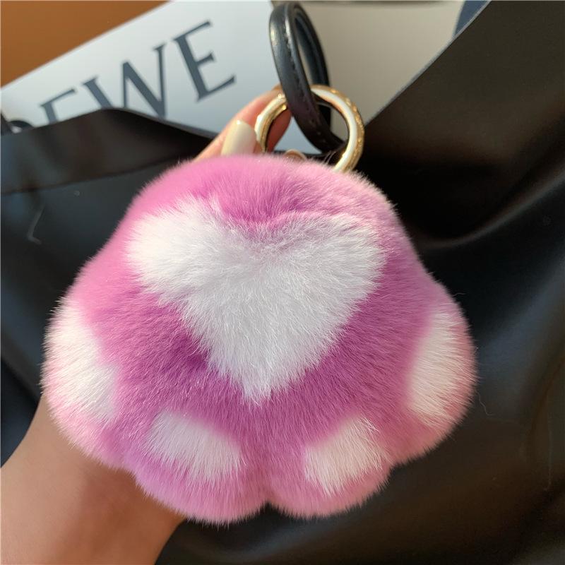 Kitten Paw Rex Rabbit Fur Keyring Pendant - Cute Plush Ball Bag Charm Birthday Gift