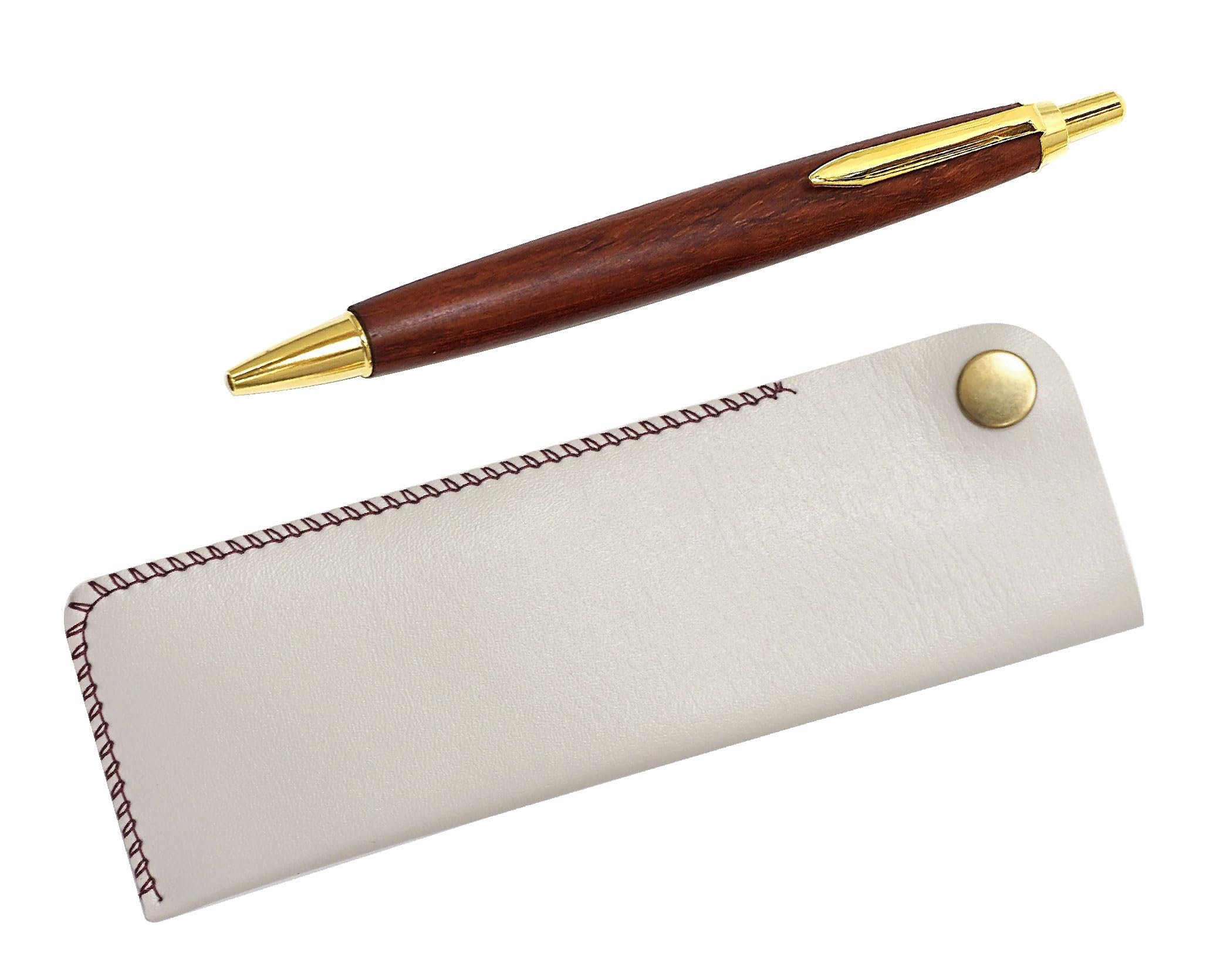 

White pen case with wooden retro ballpoint pen set snap-closure (2-pack, T23-NK01W-HS48S-2)