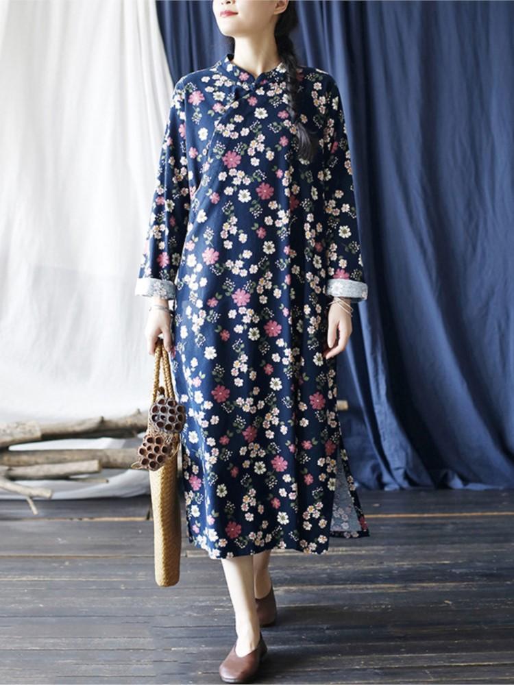 Johnature Women Chinese Style Dress Stand Long Sleeve Print Floral Autumn A-Line Vintage Women Dress