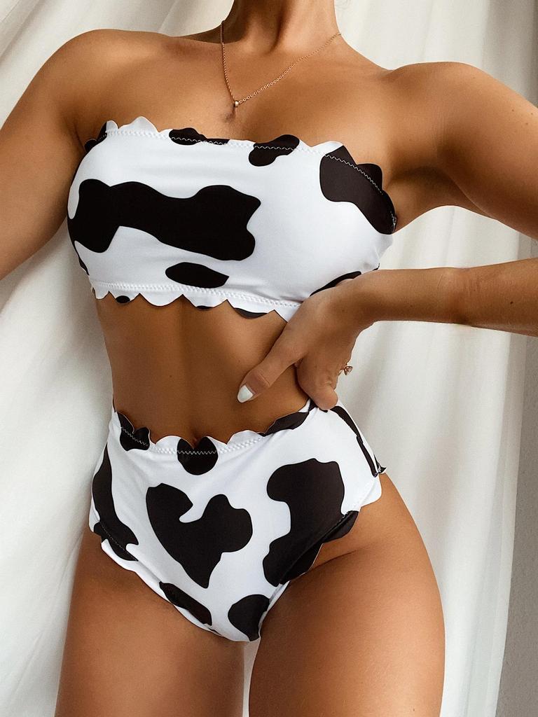 Sexy Bikini-Badeanzug für Damen mit Kuhmuster und hoher Taille