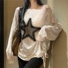 Summer Sunscreen Blouse Women's Ripped Cloth Long-sleeved T-shirt Off-shoulder Thin Loose Design Drawstring Top