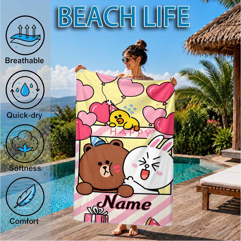 Custom Name Cute Cartoon Brown Bear Beach Towel Microfiber Beach Towel, Lightweight and Quick-Dry, for Summer Travel, Swimming Pool Gift