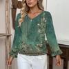 Women's Casual Fashion Ruffle V-Neck Pocket Retro Print Long Sleeve Top