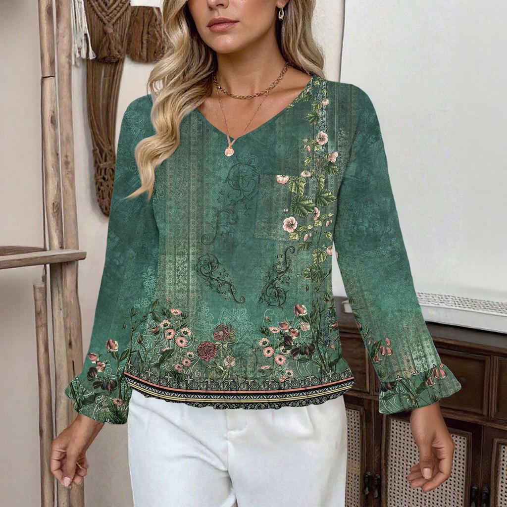Women's Casual Fashion Ruffle V-Neck Pocket Retro Print Long Sleeve Top