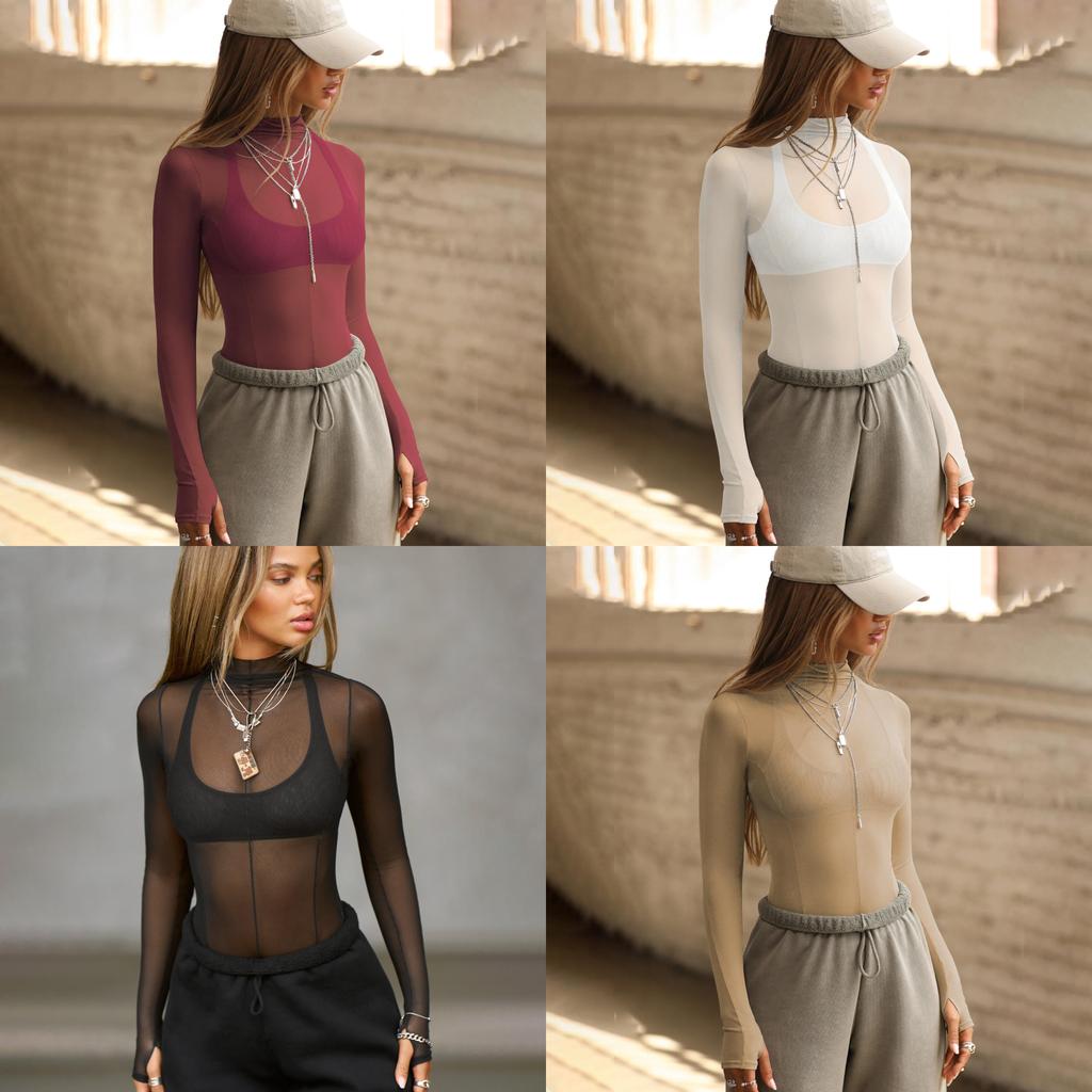 Long Sleeve Mesh Top With Semi High Neck For Streetwear And Party Wear