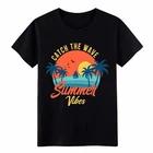 Catch The Wave Summer Vibes Retro Beach Graphic T-Shirt, Palm Tree Tee M