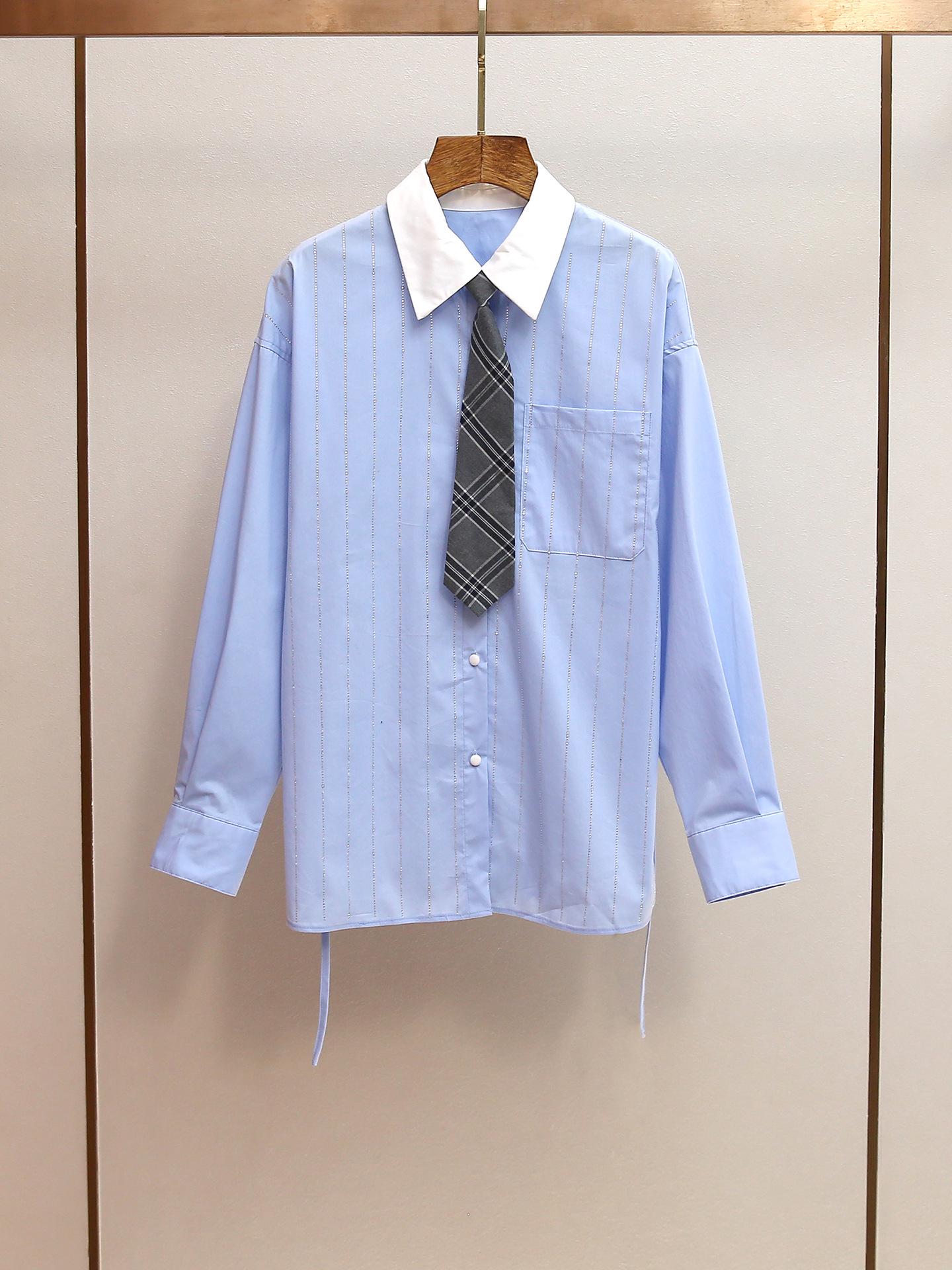 High-End Women s Autumn/Winter French Casual Striped Rhinestone Bow Tie Shirt Small светло-синий