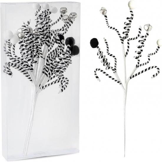 4PC Set Black/White Christmas Tree Decorations Picks Woolen Candy Curly Pick, Christmas Bells Picks Christmas Tree Decorations Home Office Vase Party
