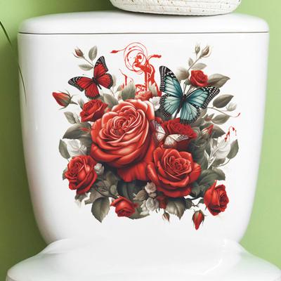 Pegatina de inodoro con diseño de mariposas y flores rosas, extraíble, impermeable, de PVC, para sala de estar, baño, decoración de pared con diseño floral para tapa de inodoro, calcomanía decorativa para el Día de San Valentín