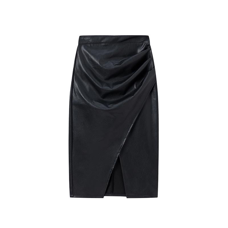 2025 Women s Spring/Summer High-Waisted PU Leather Ruffle Skirt - Sexy Hip-Hugging European & American Style Medium чёрный