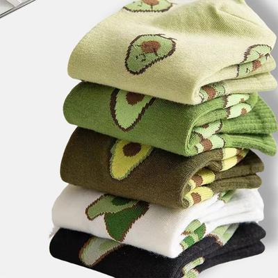 5 Pairs Avocado Crew Ankle Socks Cartoon Fresh Fashion Breathable Summer And Autumn Kawaii Comforts Women's Low Cut Boat Socks