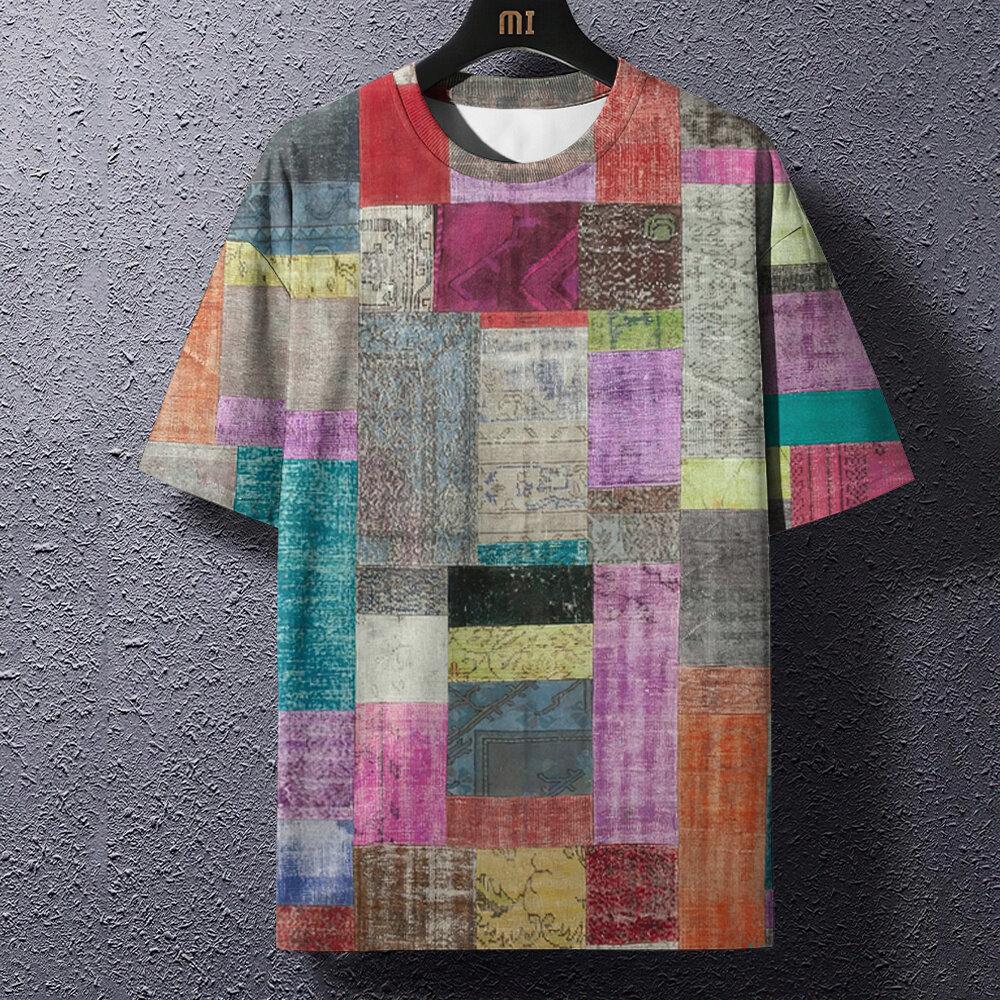 Retro pánské tričko kostkovaný potisk trička patchworkové oblečení kulatý výstřih krátký rukáv halenka nadměrná topy pánské Harajuku módní trička