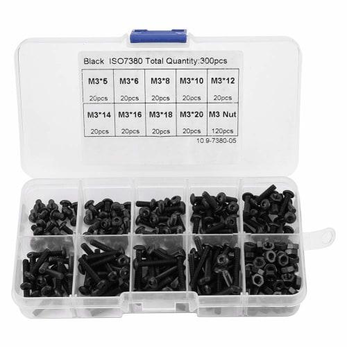 300-Piece Hex Socket Button Head Bolt Set, M3 Universal Size, 9 Lengths, Hex Screws, Button Head Bolts and Nuts, Alloy Steel, Repair Tool, Carbon Stee