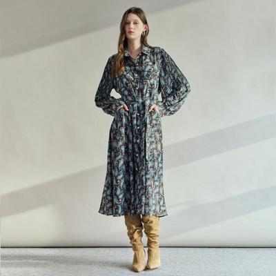 Paisley Pleats Balloon Sleeve Long Dress