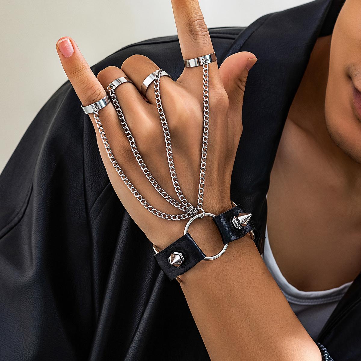 KunJoe Gothic Rivet Black PU Leather Link Chain Bracelet With Finger Ring for Men Punk Silver Cuban Chain Wrist Bracelet