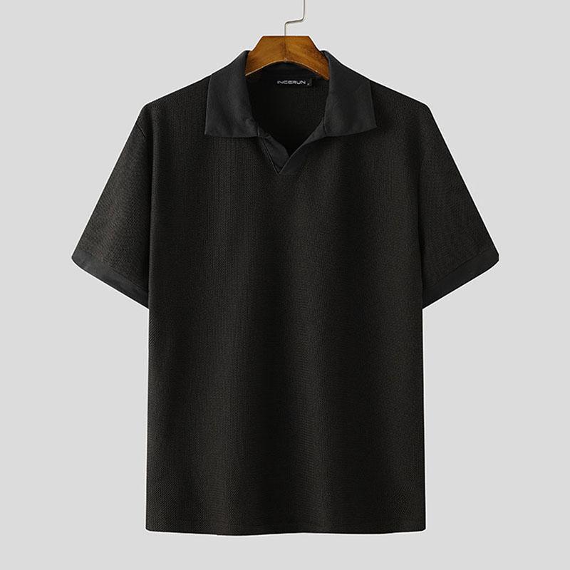 

INCERUN Oversized Men Lapel Neck Patchwork Casual Texture Summer T-shirts Tops S чёрный