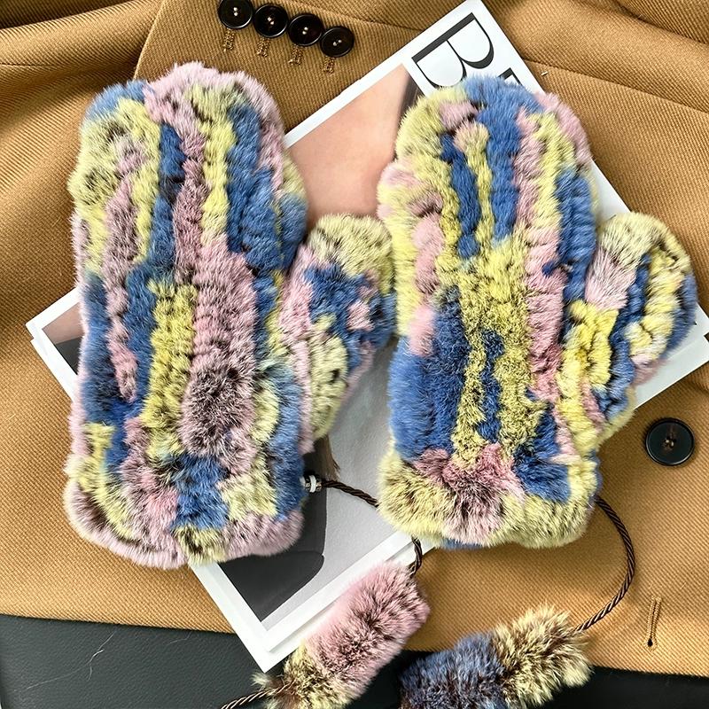 

Милые вязаные перчатки из настоящего кроличьего меха рекс, зимние бархатные милые теплые ветрозащитные эластичные меховые перчатки-варежки One Size