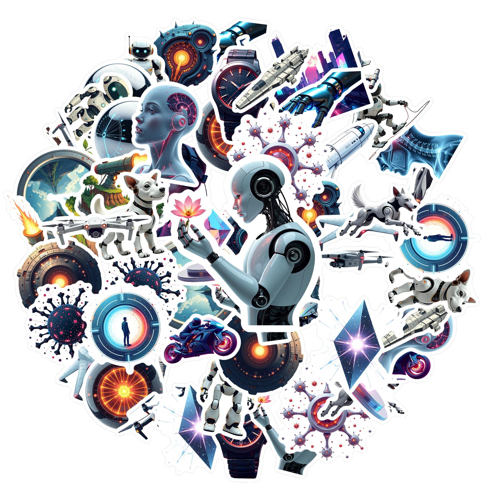 

35-70pcs Futuristic Sci-Fi Stickers Explore The World Of Tech And Space Stationery Sticker Reward Diy Luggage Skateboard