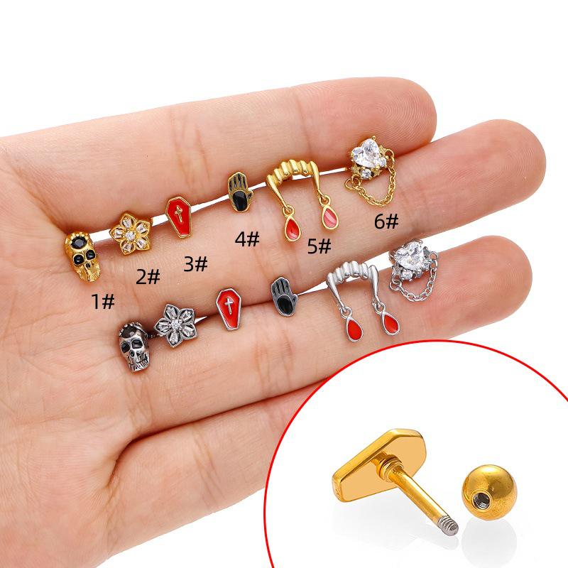 316L Stainless Steel Zircon Flower Skull Cross Stud Earrings 4 серебряный