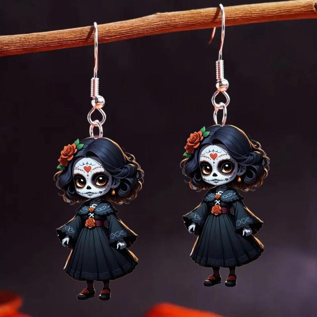 Halloween Themed Black Skull Rose Girl Four Pattern Women Earrings Acrylic
