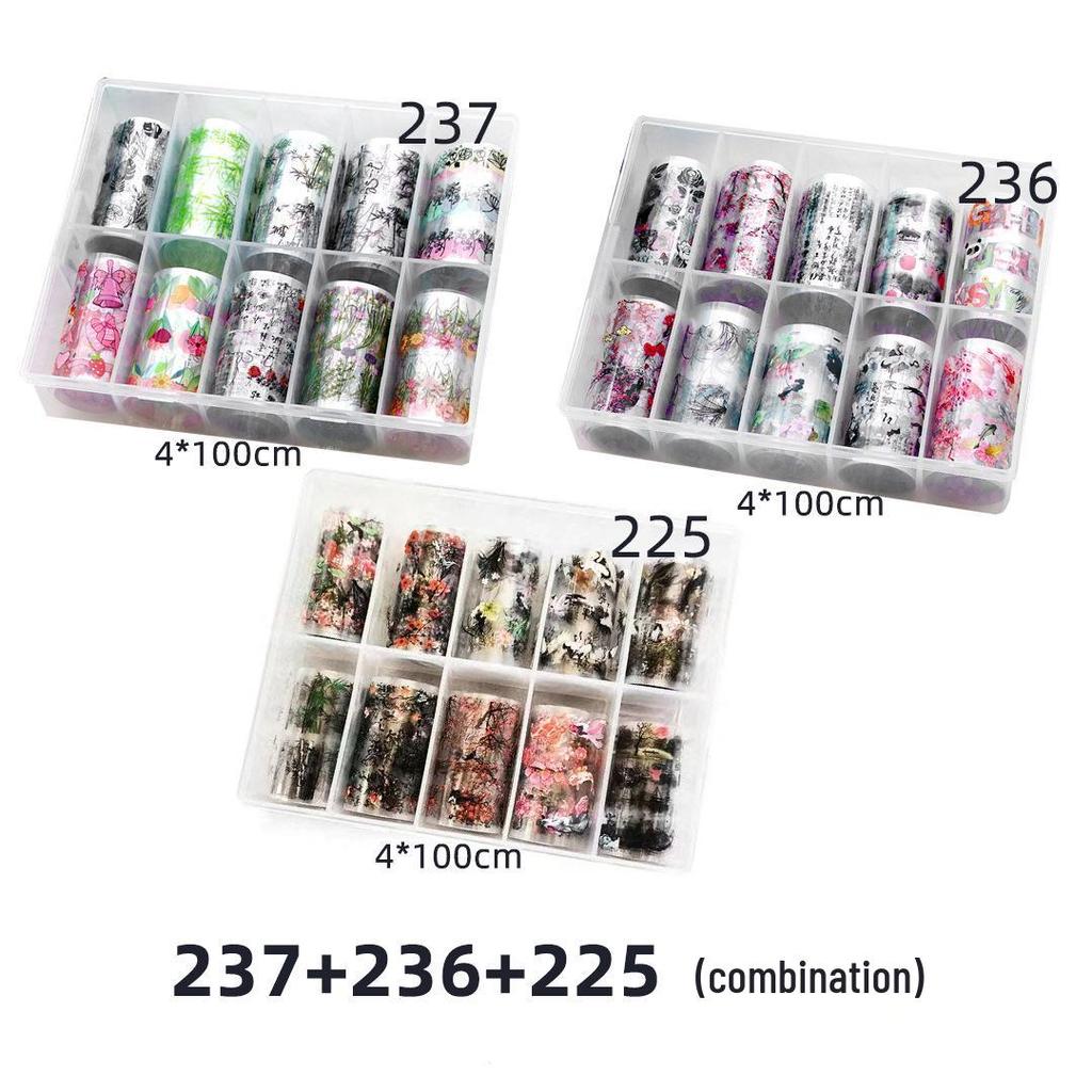 Chińskie Tuszowe Naklejki do Nail Artu: Gwieździste Niebo, Bambus, Kwiat Śliwy - 10 Wzorów