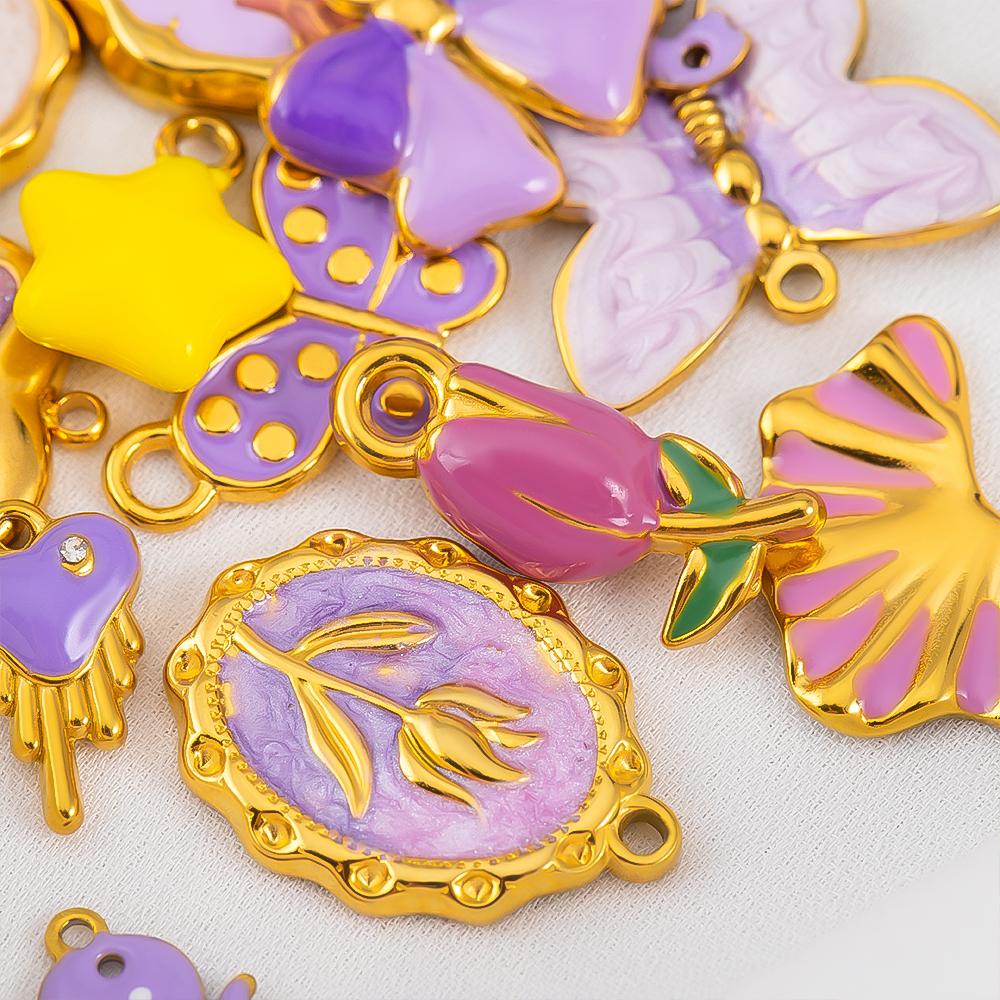 2pcs Stainless Steel 304 Multi-Design Enamel Pendant Lavender Purple Series For DIY Necklace Earrings Jewelry Findings Accessory