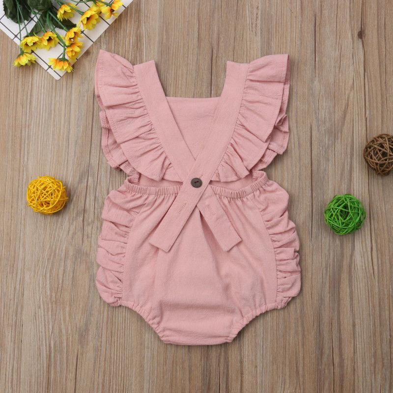 Newborn Baby Girl Ruffled Solid Color Sleeveless Backless Romper Jumpsuit Outfit Sunsuit