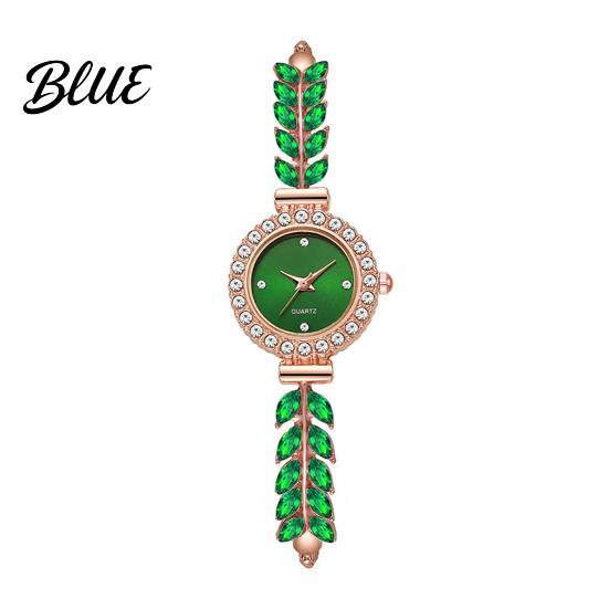 Quartz Movement Watch Women Rhinestone Leaf Round Dial Ladies Casual