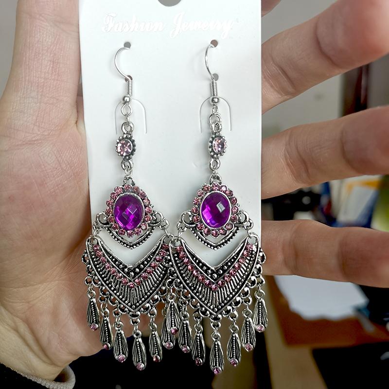 Orecchini Lunghi con Nappe in Cristallo Viola Stile Palazzo Vintage per Donna Eleganti Etnici Metallo Argento Orecchini Pendenti Gioielli