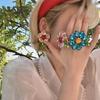 Conjunto de Joias Florais Coloridas Stonefans para Mulheres Acessórios Statement Design Criativo Brincos de Strass Conjunto de Anéis Feito à Mão