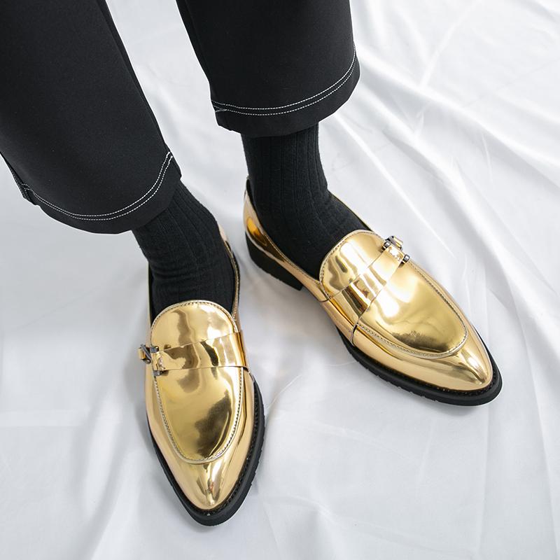 Fashion Fashion New Men's Pointed Gold Patented Leather Shoes Designer Monk Strap Loafers Formal Wedding Prom Dress Homecoming Footwear