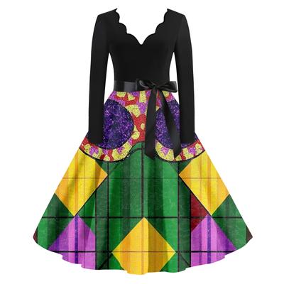 Damska Codzienna Moda Dekolt V Długi Rękaw Drukowana Sukienka Długa w Stylu Vintage