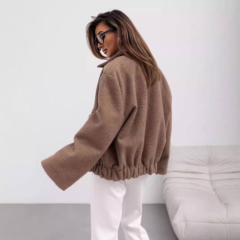 Women Winter Warm Long Sleeve Lapel Big Pocket Solid Color Woolen Jacket Coat Outerwear