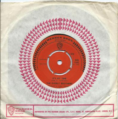 7inch Record EVERLY BROTHERS - It's My Time WB7192 Warner Bros. Re 1968 UK Rock Used
