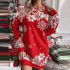 Winter Long Sleeve Loose Print Christmas Party Dress Women Elegant Skew Collar Red Casual Dresses Women Vintage Fashion Thin Sexy Short Dress 25873