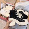 Scarpe Alte Piattaforma in Tela Retro Nuove Donna Tacco Spesso High Top Punta Tonda Impermeabili Sneakers Casual con Cinturino Sottile a Fibbia