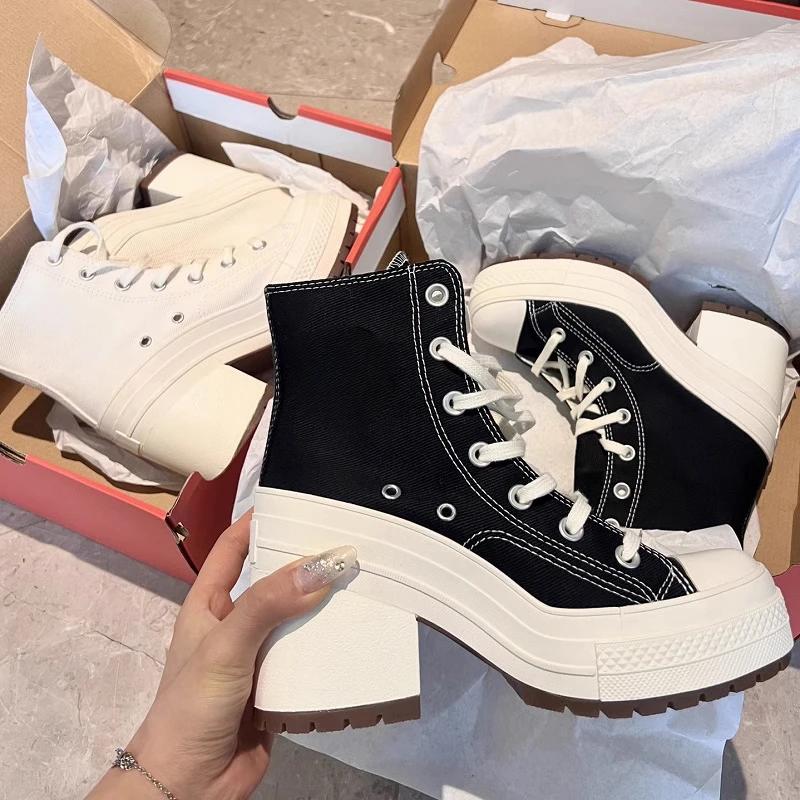 Scarpe Alte Piattaforma in Tela Retro Nuove Donna Tacco Spesso High Top Punta Tonda Impermeabili Sneakers Casual con Cinturino Sottile a Fibbia