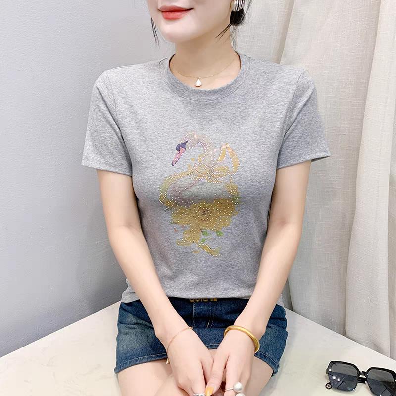 Classic Women's Shiny Cartoon Swan Hot Diamonds O-Neck T-Shirt Summer Office Lady Cotton Tops Clothes New Fashion Flower Fairy Tees