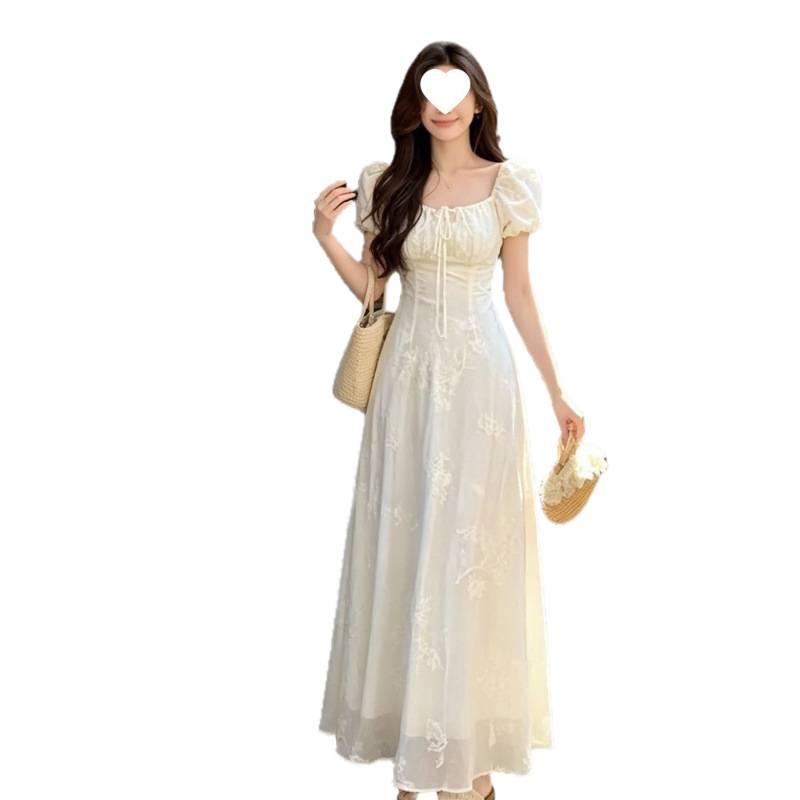 French Square Collar Dress Women's Summer Bubble Sleeves Close Waist and Look Thin Temperament Gentle Wind Long First Love Dress Versatile Long Dress