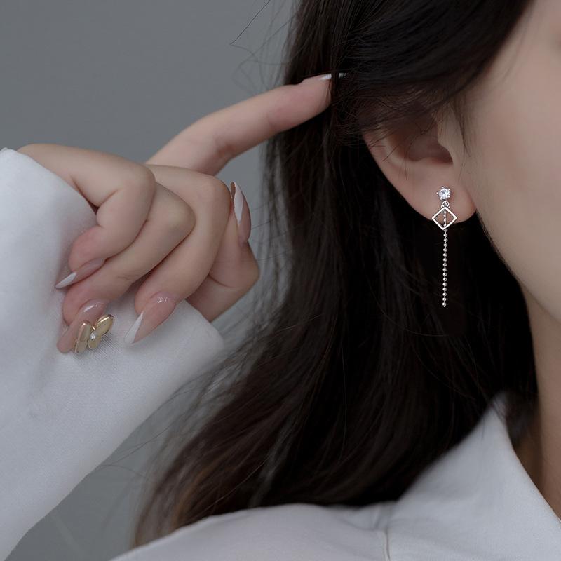 Fashion Jewelry 925 Sterling Silver Geometric Asymmetric Stud Earrings for Women Long Chain Tassel Earring Piercing Jewelry