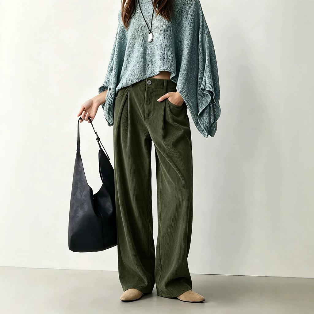 Women Corduroy High Waist Wide Leg Pants Casual Loose Fit Solid Color Trousers with Pockets