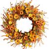 TEMPUS 22inch Thanksgiving Daisy Grain Wreath Autumn Harvest Wreath Eucalputs Leaves with Berries Wreath Fall Decor Front Door Indoor or Outdoor Wall