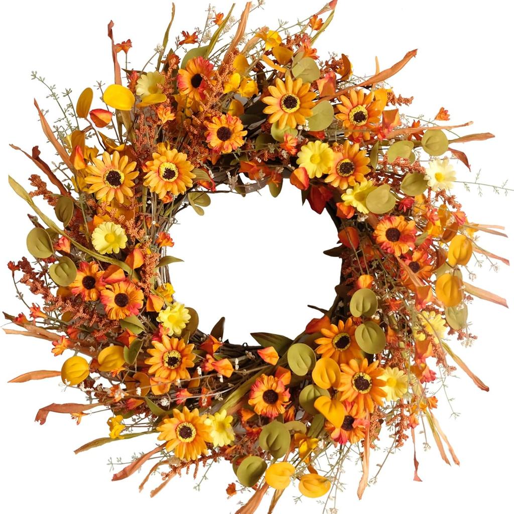 TEMPUS 22inch Thanksgiving Daisy Grain Wreath Autumn Harvest Wreath Eucalputs Leaves with Berries Wreath Fall Decor Front Door Indoor or Outdoor Wall